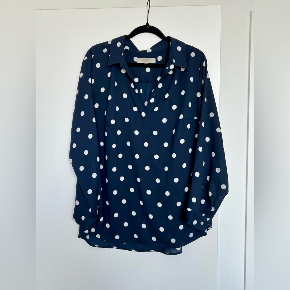 LOFT Plus Navy Long Sleeve Dotted Blouse
